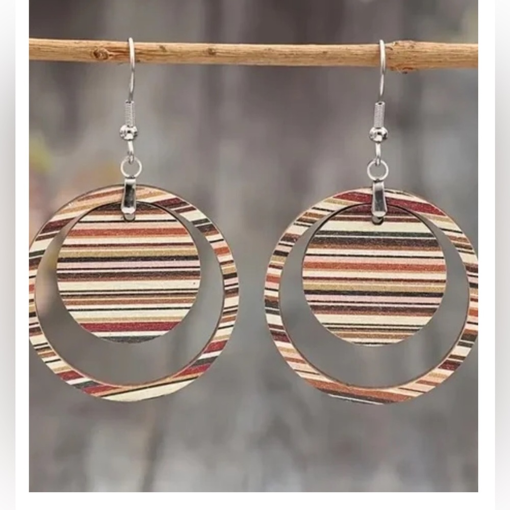 Bohemian Wood Colorful Art Pattern Striped Round Hoop Earrings